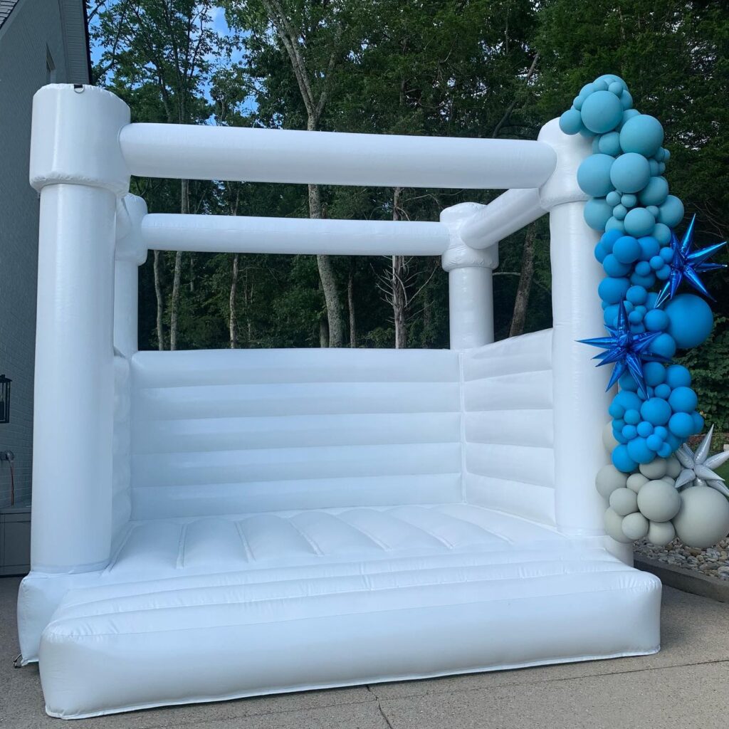 Bounce House with Blue & Grey Balloons